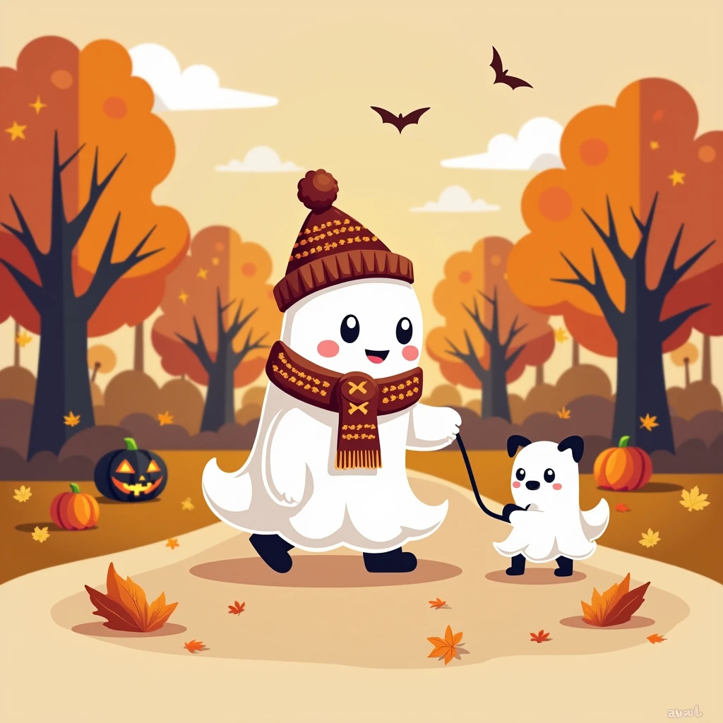 "Member badge. Theme: Cute Halloween, featuring a charming ghost wearing a warm hat and scarf, walking a tiny ghost dog on a leash through an autumn park. Leave a blank space for the name or insignia."