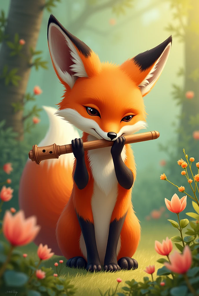 2d illustration of a fox playing the flute