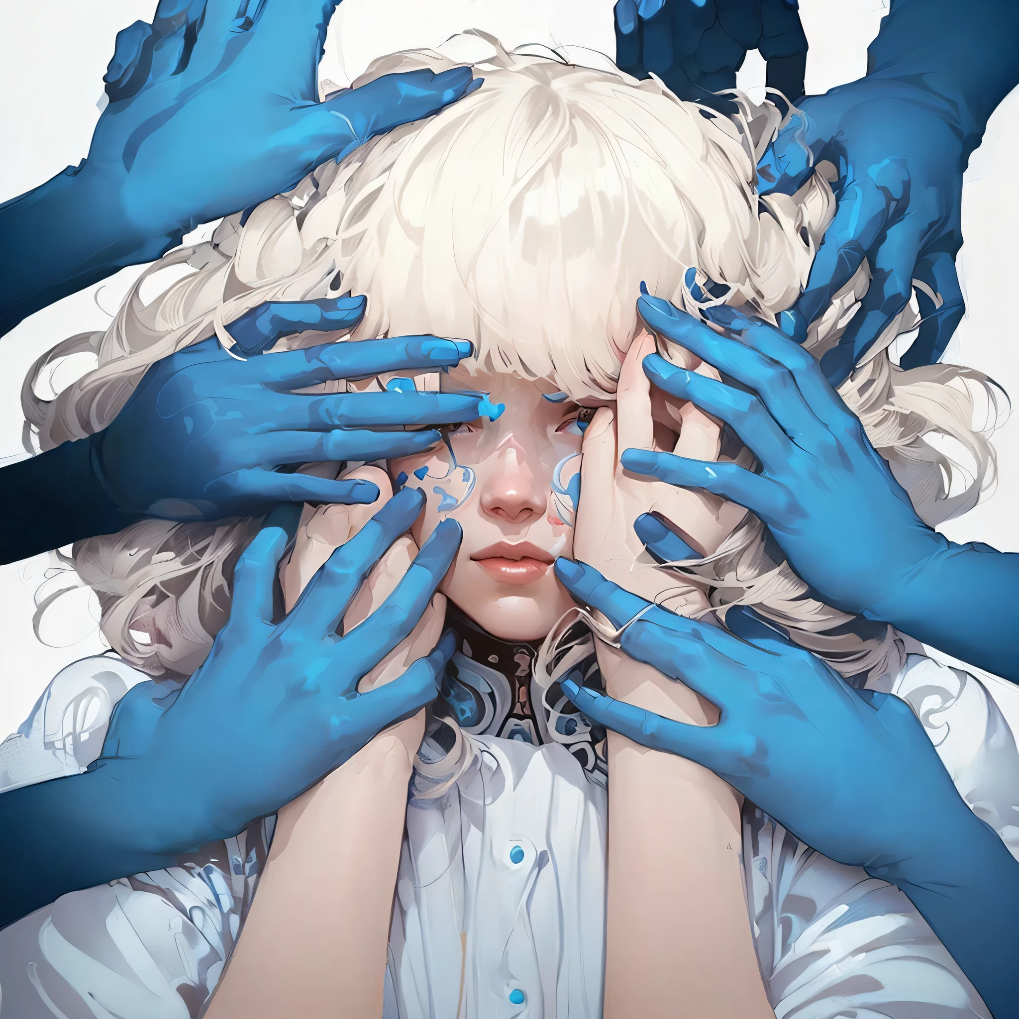 a woman with blue hands covering her face and hands, james jean and wlop, by James Jean, by james jean, beeple and james jean, james jean marc, james jean!, james jean!!!, james jean art, beautiful illustration, laurie greasley and james jean, james jean artwork, cold colors. insanely detailed, by Santiago Martínez Delgado