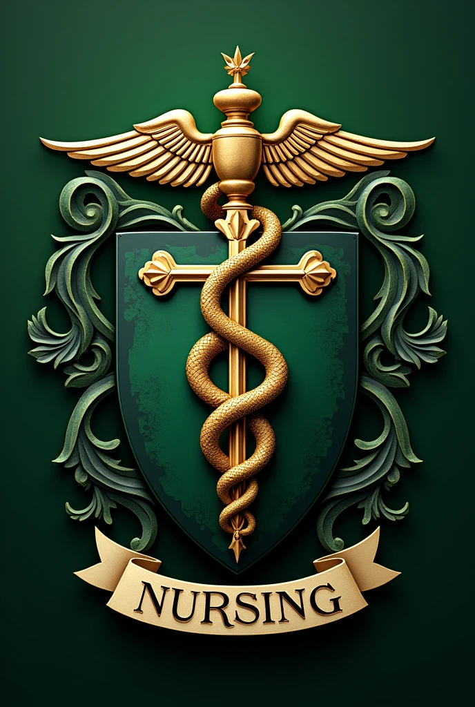I would like to create a coat of arms for nursing with the lamp, the serpent and the cross inside and the writing nursing at its base., in green, black and gold tones