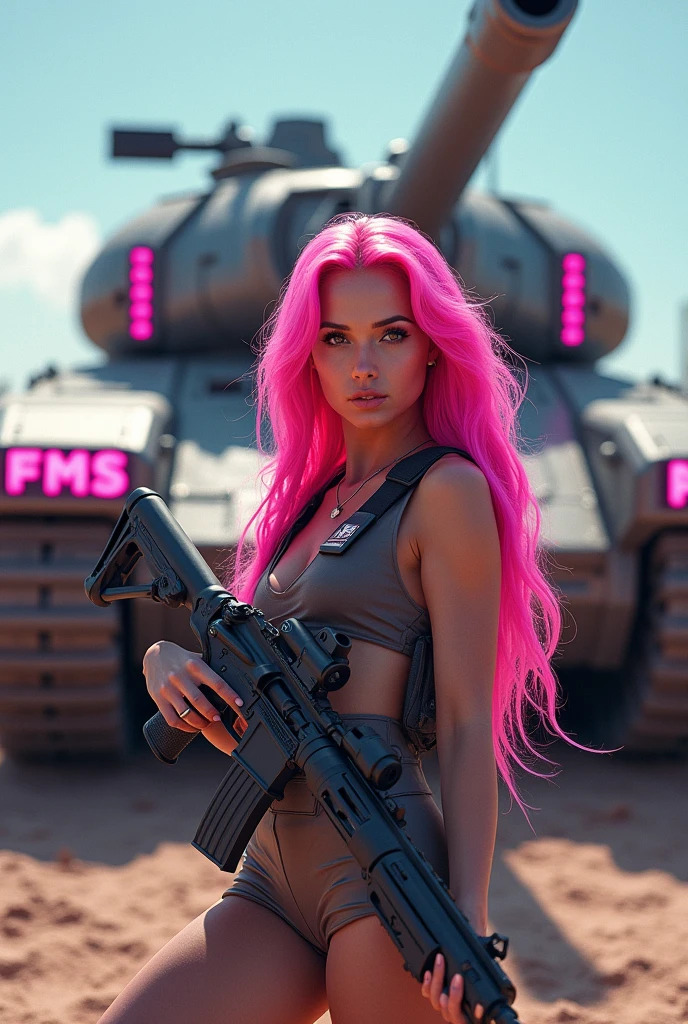 1 with an exuberant beauty, longye hair, bright pink wavy hair, with a rifle in his hand and looking at the viewer with piercing eyes. in the background there is a huge war tank with tracked wheels and some pink details, on the front of the tank there is a light sign that says “FMS”