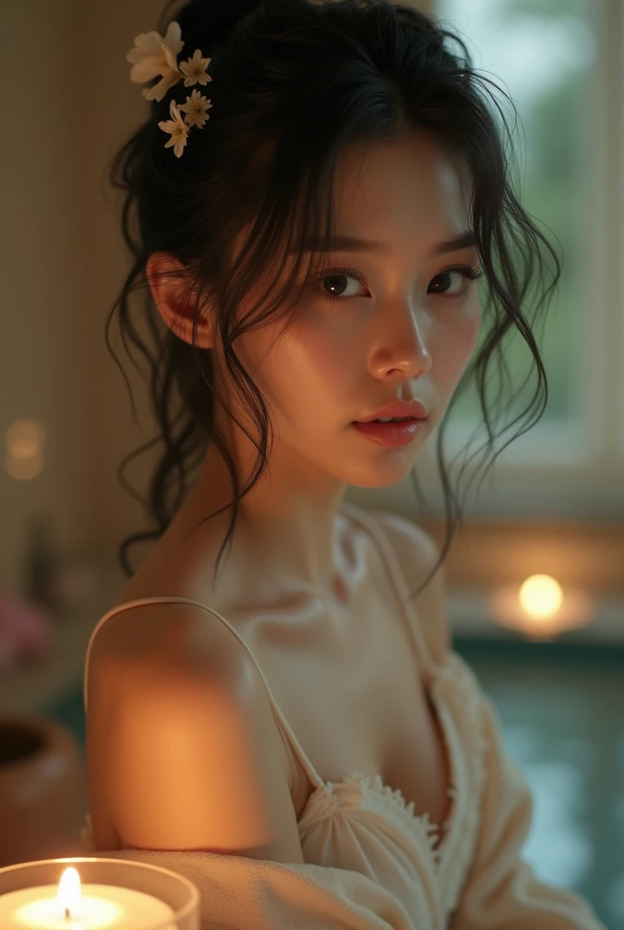 big breasts、naked、outdoor bath、night sky、((High resolution)), top quality, Very detailed, realist, ((8k)), RAW Photos, of the highest quality, masterpiece, attractive, marvelous, Brown hair, Shoulder-length layers, Mesh Hair, japanese idols, sophisticated, elegant,