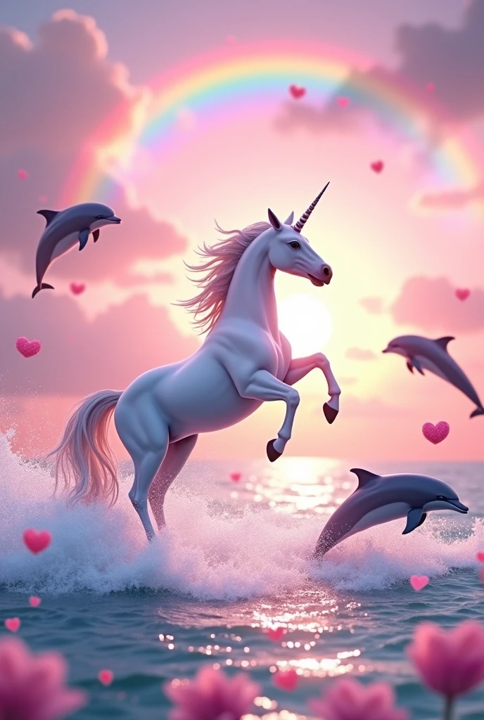 
A unicorn jumping in the air but seen from the side and the dolphins are also jumping in the air with the pink sky and the sea and with a rainbow and hearts without A unicorn From the end