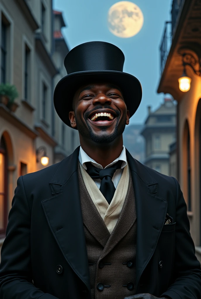 Face of a dark-skinned man, laughing out loud wearing a top hat, black period suit, in an ancient city under the full moon