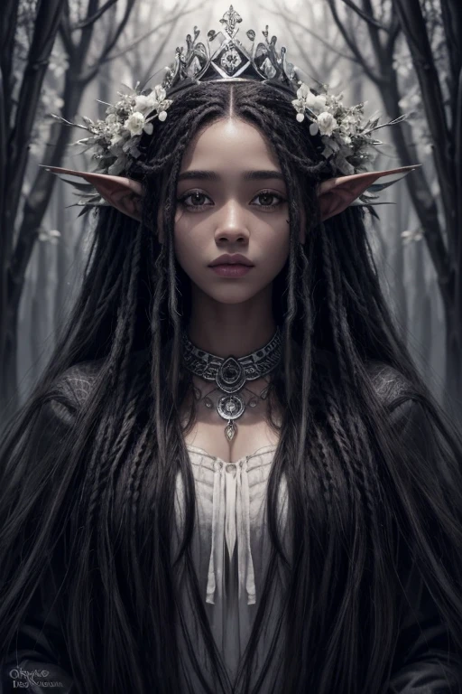 Black and white drawing of a young forest witch, very beautiful, of African features, long, full hair with dreadlocks, a crown of branches, flowers and elven costumes