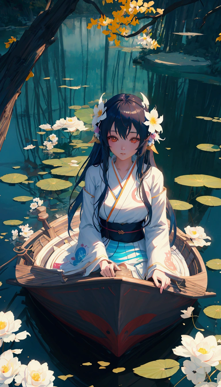 On a boat in the lake，An anime girl wearing white flowers, guweiz style artwork, Anime styled digital art, Beautiful digital artwork, Anime styled 3d, Lovely and detailed digital art, Anime style. 8K, Popular on cgstation, Beautiful avatar pictures, Cute numbers, Realistic anime 3D style, Beautiful character painting, Digital Anime Illustration