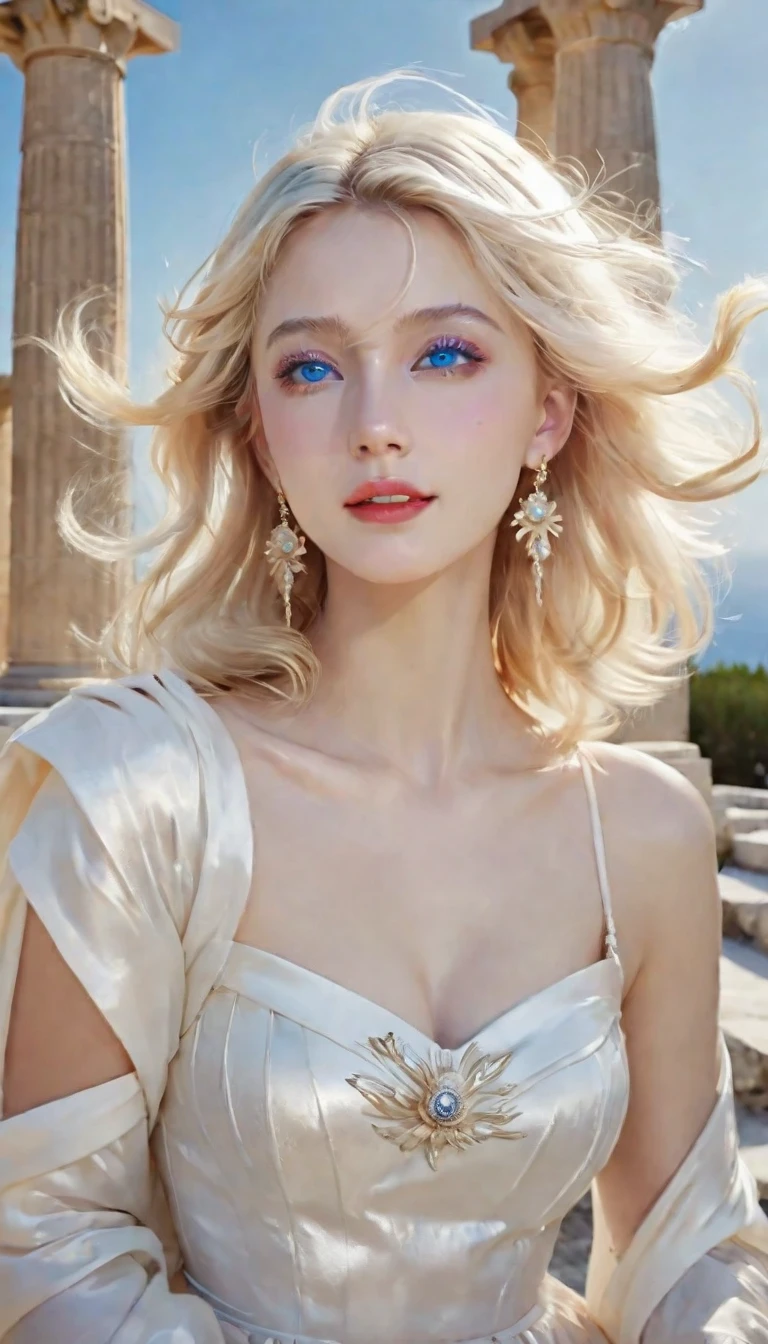 (Highest quality,Very detailed,High resolution,masterpiece,8k),Bright and vibrant colors,Official artwork,Greek white dress,Stylish makeup,Mid length, Shiny blonde hair blowing in the wind,Beautiful long, narrow eyes,Beautiful Blue Eyes,Glossy Lips,Beautiful woman with plump breasts,Beautiful neckline, Beautiful full body style,Holding,A beautiful and elegant smile,Old Greek temple,Rose flower,Detailed CG,