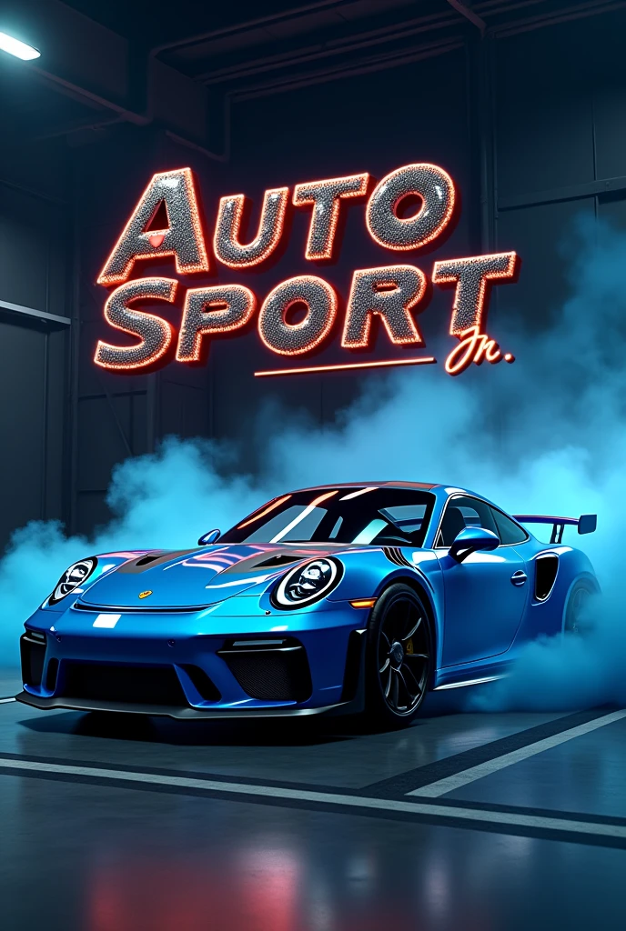 A luxury car, a blue and black Porsche.
That the title is Auto Sport JR That the title is made of fire and decorated like something mechanical that has blue and black smoke coming out in the background.
that all this is in a room with lights from below add the jr and the o's of the title make textures of tires the o's of the title make them look like tires