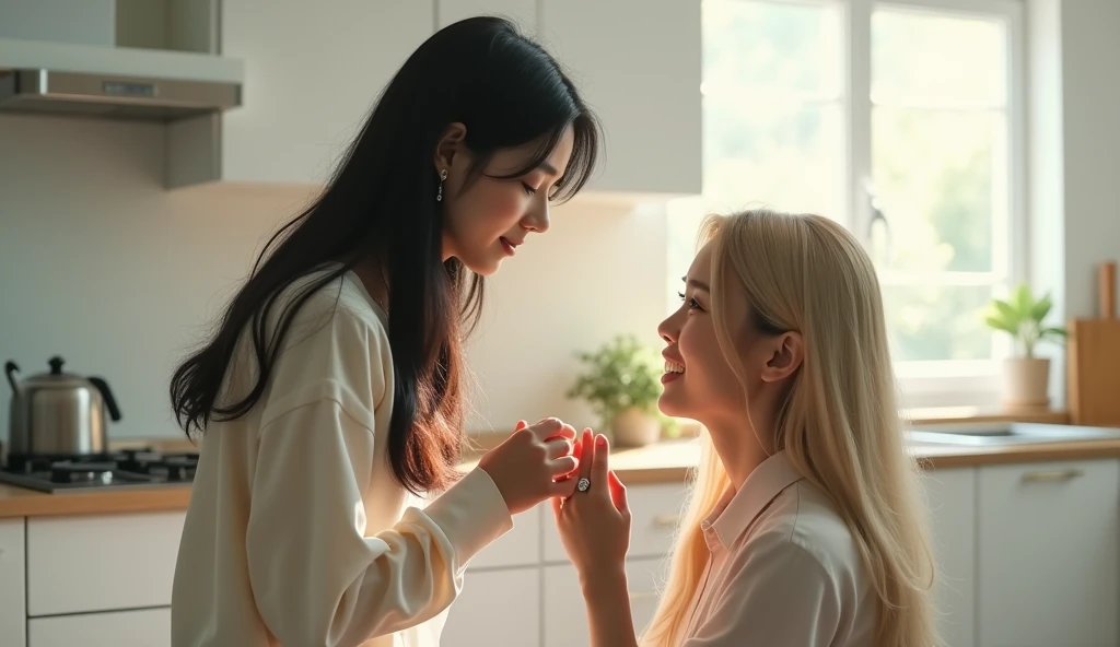 an asian woman with long black hair standing in front of another asian woman with long blonde hair kneeling proposing in a white kitchen realistic cinematic