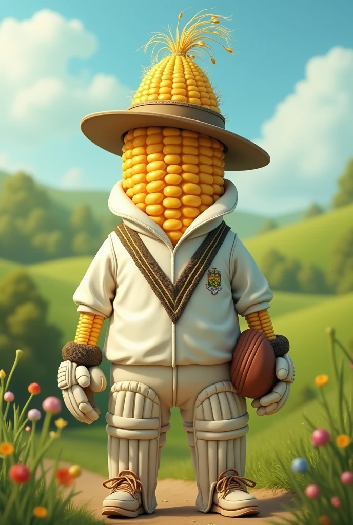 Tender corncob in cricket costume
