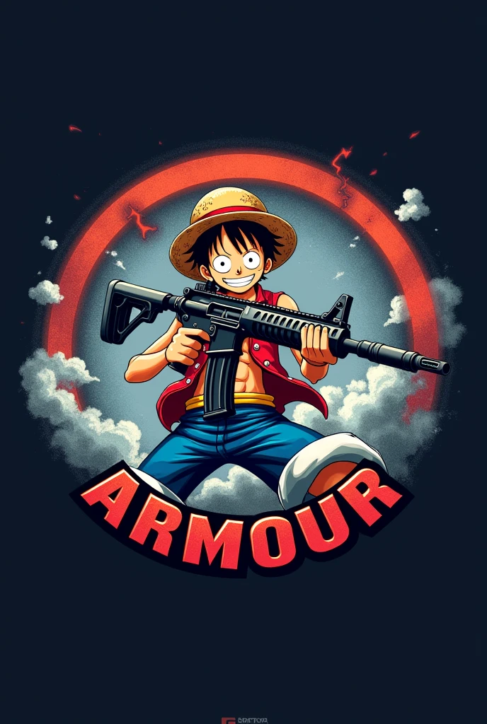 Create a logo of monkey d luffy from one piece holding a M4A1 GUM and in dark sky background make a circle and write ARMOUR