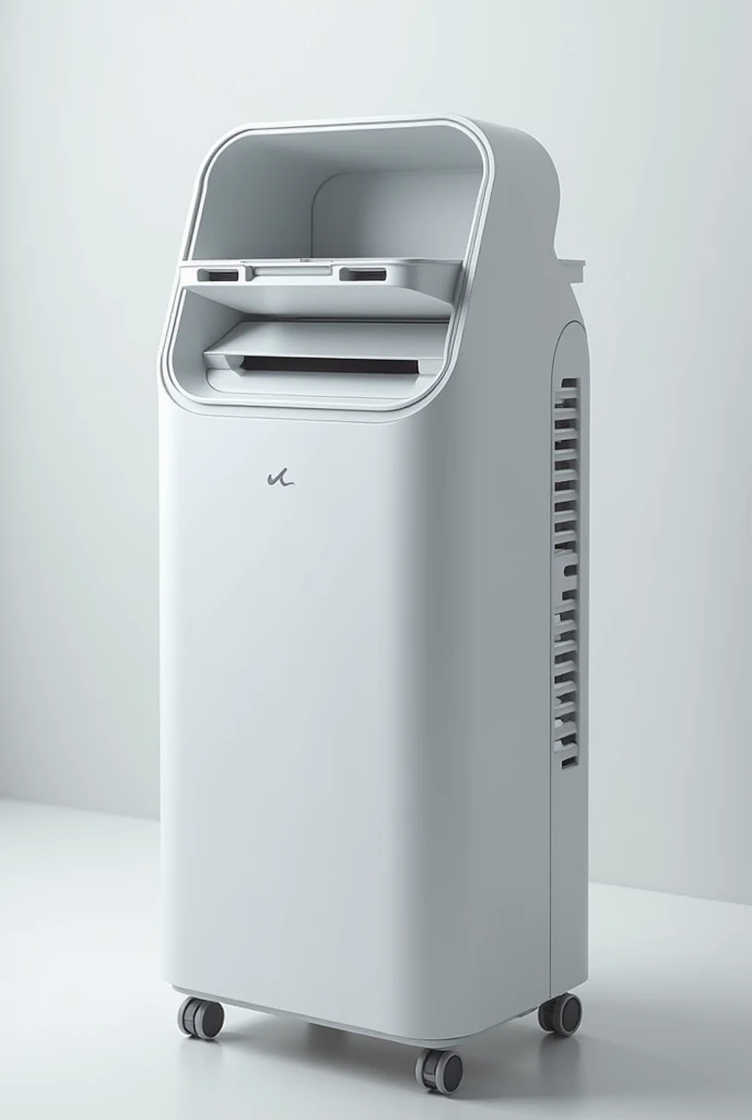 generate a photo containing a portable 3d triangular shaped aircon. the top consists of the air exhaust, the hidable adjustable handle in top left, and the hidable air freshener containier in the top left corner. the front consists the aircon itself with smart control. the back left side contains the hidable remote container. while the bottom has the adjustable stands for each corner so there is three. the wheels have a stopper.