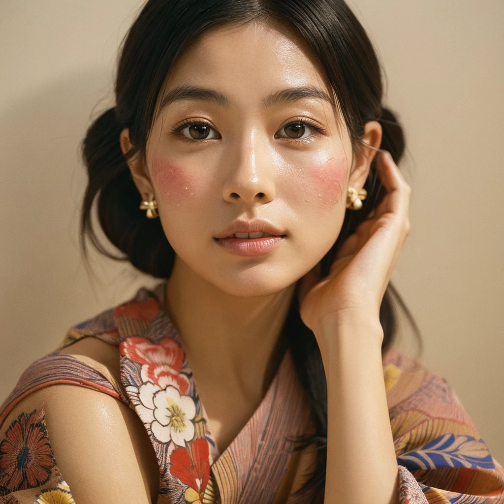 A hyper-realistic image of a single Japanese woman in her early 20s, captured from the shoulders up with the nostalgic warmth and subtle graininess of a film camera. She is wearing a traditional yukata with a vibrant, cute design featuring bold and colorful floral patterns such as cherry blossoms and peonies in shades of pink, red, and lavender, set against a soft pastel background. The obi is elegantly tied with a complementary color, adding a playful touch. The fabric of the yukata appears naturally lightweight, with visible folds and textures that enhance its realism, gracefully draped over her shoulders. Her skin has a warm beige tone with a notably rough texture, featuring visible pores, fine lines, and small blemishes, along with areas of uneven pigmentation and slight dryness, embracing all the imperfections that contribute to a lifelike and realistic appearance. The lighting is soft and subdued, replicating the diffused natural light of an overcast day or early evening, casting gentle shadows that enhance the realistic texture of her skin, especially on her face. Her straight, glossy black hair is slightly tousled and naturally frames her face, adding to her authentic look. Her deep brown eyes subtly reflect the ambient light, providing depth and a sense of realism. The film camera effect introduces a noticeable grain and soft focus, giving the image a warm, nostalgic feel while maintaining the coarse, lifelike quality of her skin. The composition is centered solely on her, from the shoulders up, highlighting her serene elegance and emphasizing the intricate textures of the yukata and the raw, natural texture of her skin.