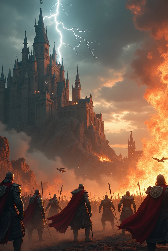 Asgard Castle in Flames, natta, lightning, giant mjolnir hammer in the clouds in the background, Valkyrie warriors in the sky, viking warriors on the ground 