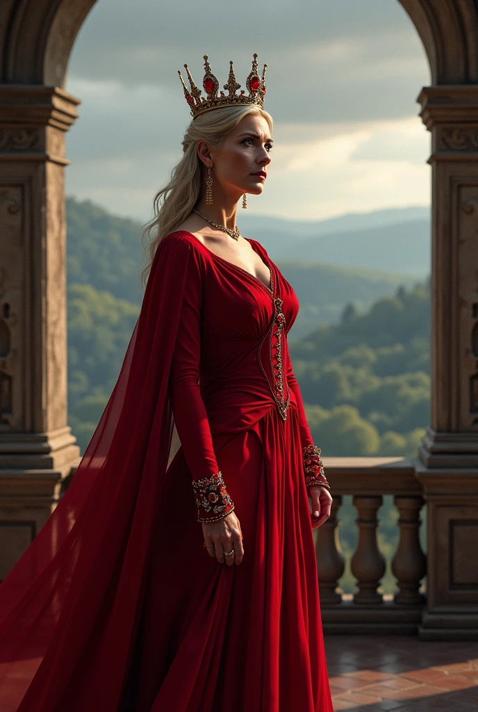 An old blonde queen with red eyes and a red dress on a castle balcony with an extremely chic ruby crown