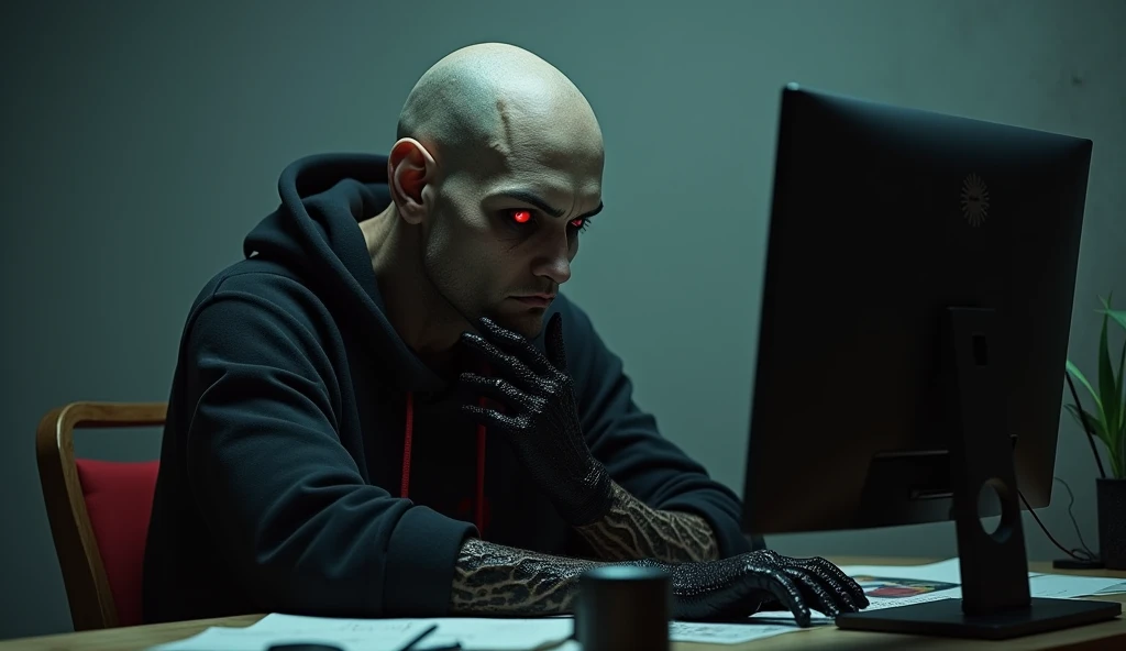 AN unconscious male character with red eyes, baldie, Scrawny, Cao Cao, Black sweatshirt with red details, black tapeworms, black gloves on hands, extremely high detailed skin, in front of your computer with your hand on your chin thinking, full body shot shot, and a katana, volumetric lighting, HDR, 8k