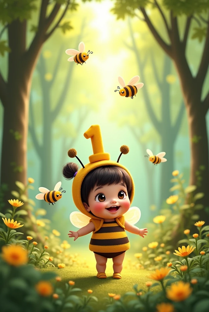 An image for a birthday post, with a bee theme, forest landscape,
Birthday of a baby with short black hair, chubby girl, very pretty dressed as a little bee, that birthday number 1 be specified, what say "HAPPY BIRTHDAY JOELITA"