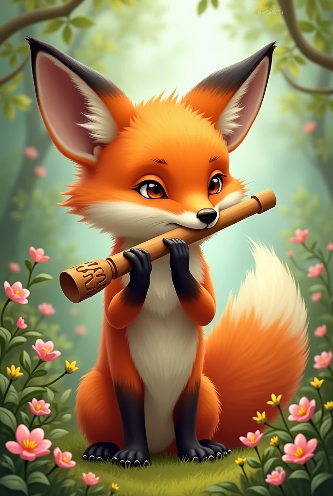 2d illustration of a fox playing the flute