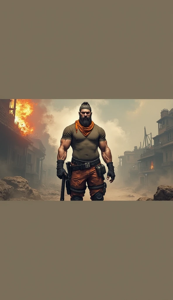 best quality,masterpiece,full-body shot,A man,A Nordic woman,mercenary,Perfect and well-developed muscles,Thick arms,Beard,short hair,temple,Foul Mouth,Large genitals,Very high nose,Orange Khaki Duckbill Hat,(Brown T-shirt),(Tactical bulletproof vest!),An orange cloth towel is wrapped around the neck,Wearing a tactical waistband around the waist,There are various tactical throwing objects hanging on it.,Military black tactical belt,Desert open toe gloves,Red camouflage tactical pants,Black leather knee pads,Black leather combat boots。(Note the color difference above!)