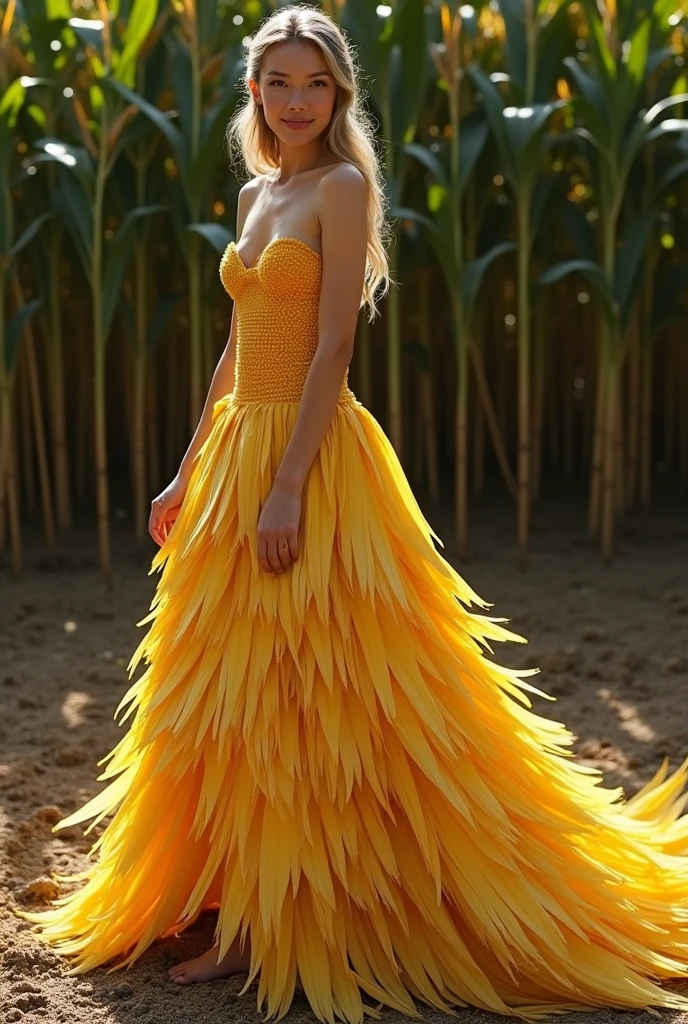 Dress made from real yellow corn husk, que se vea but real, mucho but realista , que se vea but real, but real, mucho but real, but real, mucho but real, que se vea but real las hojas de maiz