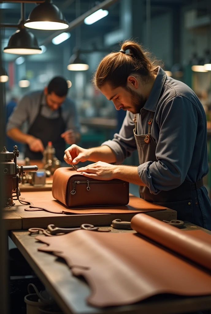 stitching and assembling of leather bag in factory 