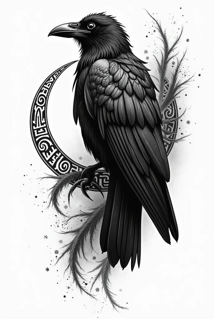 Create a black and white pointillism tattoo of a Viking metaphor with a raven and runes