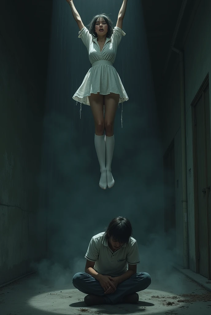 Scene of female student wearing white thigh high socks hanging to death ,hovering in the air , a man sitting on the ground in panic 