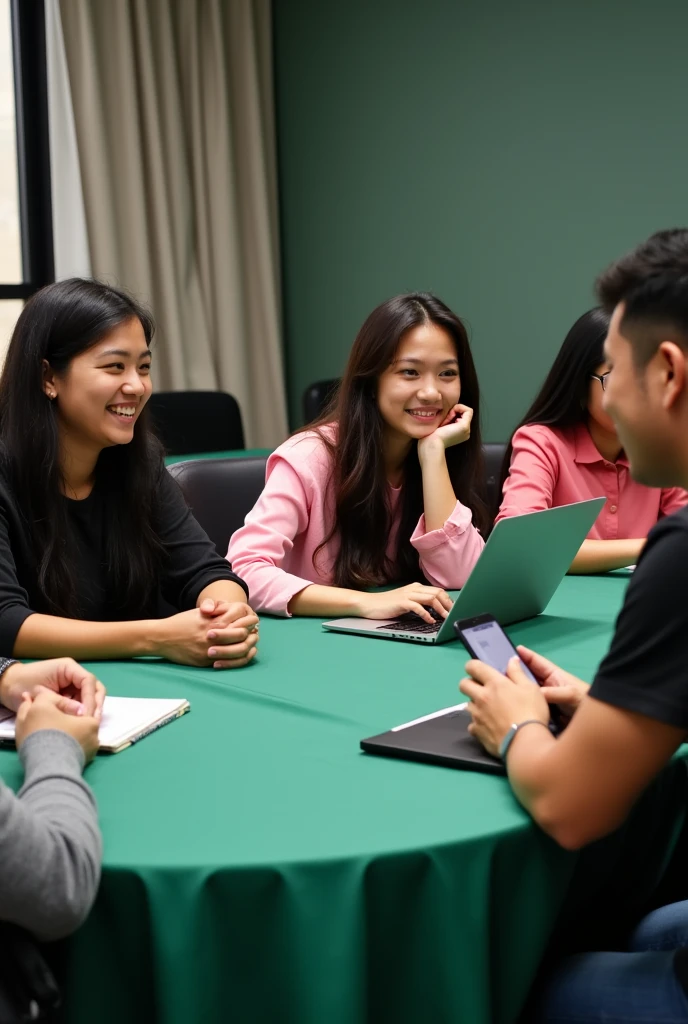 7 Filipino women and 1 man educators in a round, green table attending a conference where 3 women wearing black coat, the two of them wearing pink dress, the man is wearing black t-shirt holding phone, one of the women working on her laptop