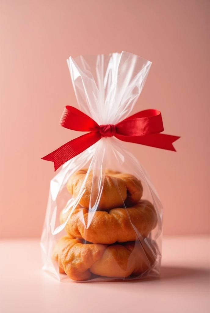 A bag of Brazilian sweet goiabinha (which is a piece of guava paste rolled in dough baked in the oven) in a plastic bag tied at the tip with a red ribbon