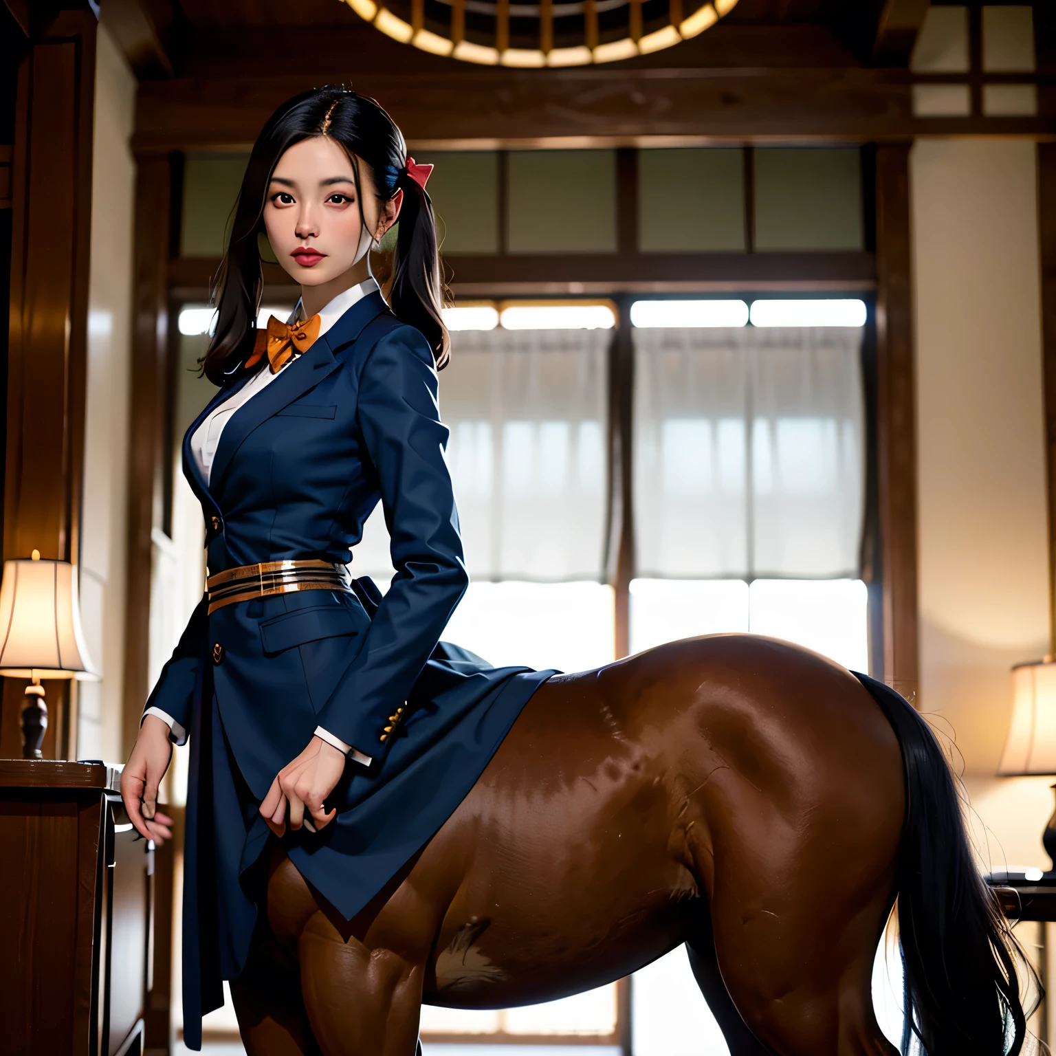 centaurcpt, centaur, opll, 
Beautiful Japanese schoolgirl disguises herself as a centaur。She has cute black hair and twin tails.。On the upper body, he is wearing a navy blue blazer school uniform.。An elaborately crafted fake centaur lower body is attached to the waist.、Holding a bow with arrows。She has super big boobs and is posing sensual。Her own lower body is also disguised as a centaur&#39;s front legs.、Incredibly realistic and cinematically detailed centaur torso、Hind legs、The tail extends from behind the body。
 (Perfect Anatomy:1.3)、Beautiful Eyes、Beautiful and well-proportioned face、View your viewers、A confident smile、Ears are the same as humans、Uniform bow tie、Full body photo、(RAW Photos)、(Realistic、photoRealistic、photo-Realistic:1.37)、(ultra-detailed:1.2)、(High resolution:1.3)、(masterpiece)、(Highest quality)、(8k)、ether、Fantasy、magical realism、Dramatic lighting、Vivid colors、Exquisite detail、Movie Scenes
