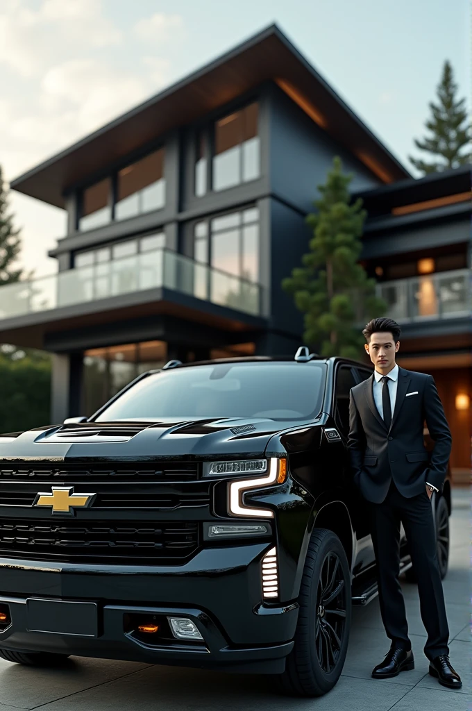 Create a very luxurious black Chevrolet truck with a very handsome Korean man getting out of it, muscular and has beautiful green eyes, a very thin nose and is handsome and perfect and behind him a very modern, large and luxurious mansion