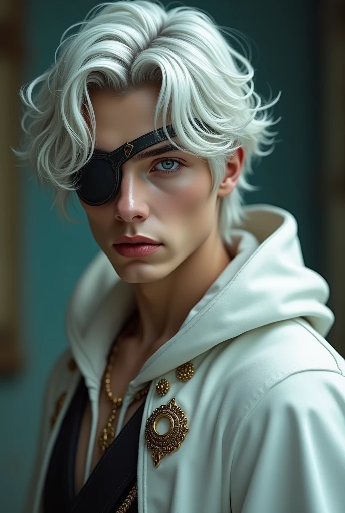 REAL LIFE, young man, white hair, braid, bangs in the hair, straight hair, blue eyes, male, real life,  realistic, MAN,  retrô, human, live action,  White cape, eye patch, Full  body, HE IS A MAN, MALE, very beautiful young man, White clothes, russian man