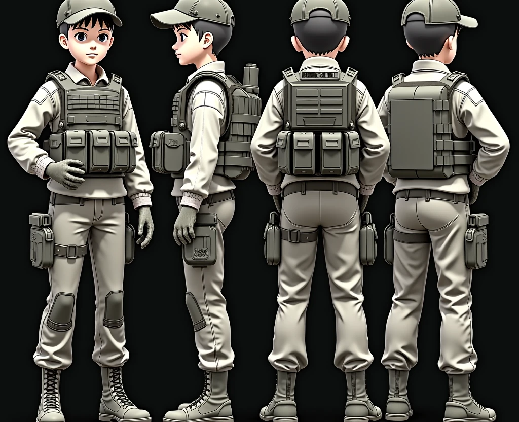 Standing boy, 1 boy, , 4-sided design, Diagonals, front, back, profile, Head to body ratio 5, character sheet, whole body, simple background, Four perspectives, tactical gear, bulletproof vest, Good quality, high detail, bulletproof vest, Good quality, high detail, ultra detailed, masterpiece, best quality, aesthetic, detailed, Military, soldier