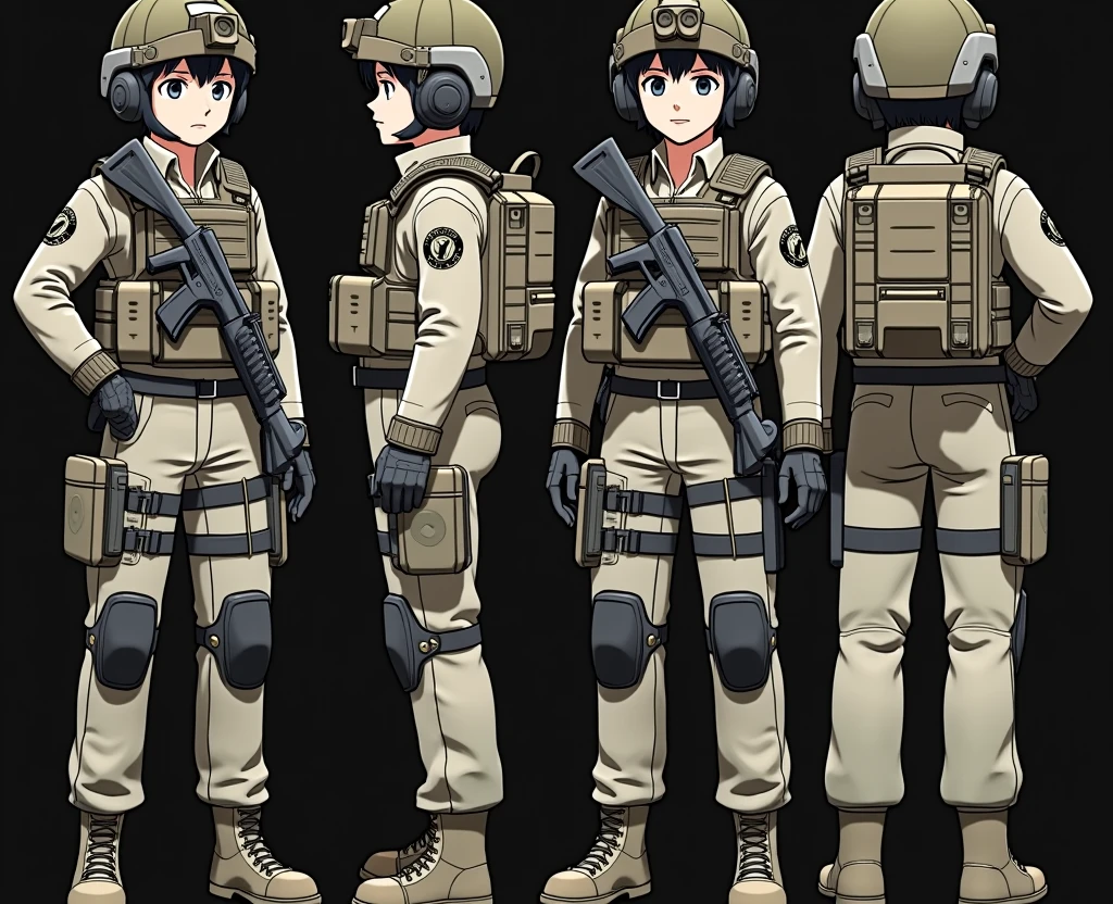 Standing boy, 1 boy, , 4-sided design, Diagonals, front, back, profile, Head to body ratio 5, character sheet, whole body, simple background, Four perspectives, tactical gear, bulletproof vest, Good quality, high detail, bulletproof vest, Good quality, high detail, ultra detailed, masterpiece, best quality, aesthetic, detailed, Military, soldier