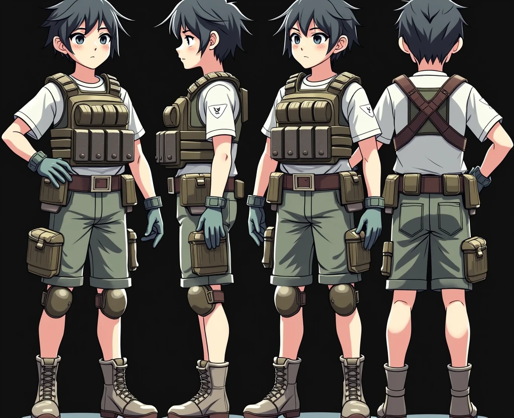 Standing boy, 1 boy, , 4-sided design, Diagonals, front, back, profile, Head to body ratio 5, character sheet, whole body, simple background, Four perspectives, tactical gear, bulletproof vest, Good quality, high detail, bulletproof vest, Good quality, high detail, ultra detailed, masterpiece, best quality, aesthetic, detailed, Military, soldier