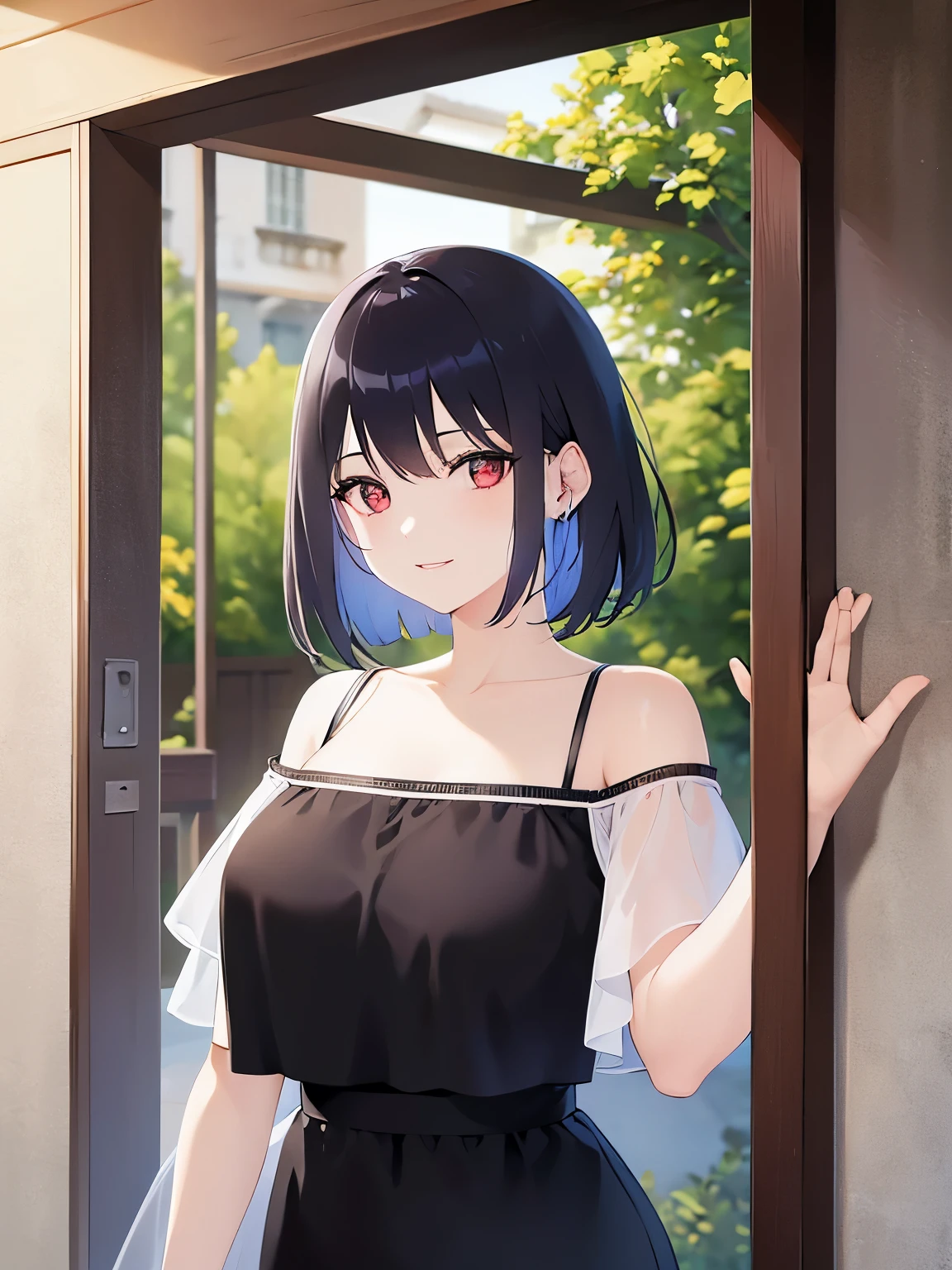 door, doorway, outdoors, leaning forward, opening door, mature female、waving hand, big breasts, Upper Body, (pale skin:1.2), shiny skin, shiny hair、(A woman in her 40s) and (bob cut) and (wavy hair) and (hair between eyes) and (black hair) and (red eyes), (white) and (off shoulder blouse) 、smile, Alone、Are standing