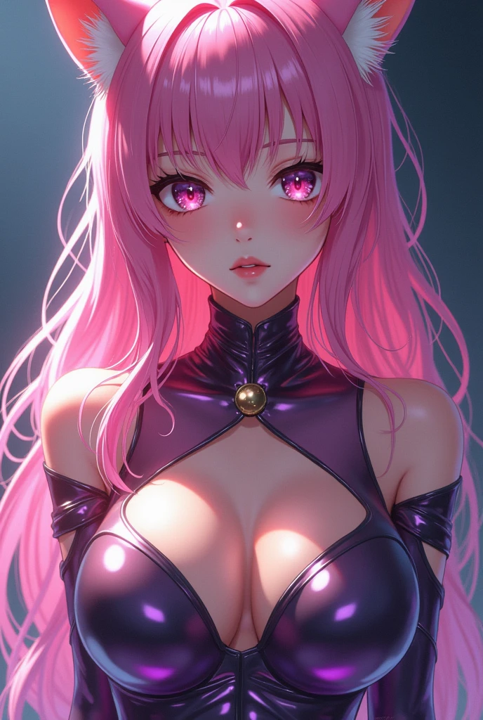 (NSFW:1.1).(huge breasts:1.1)(Sexy shiny leotard:1.2).(Composition directly from below:1.2).Holographic pink anime hair with white ribbon, , Beautiful character drawings., , Stunning anime face portrait beautiful royal sister wolf ears
