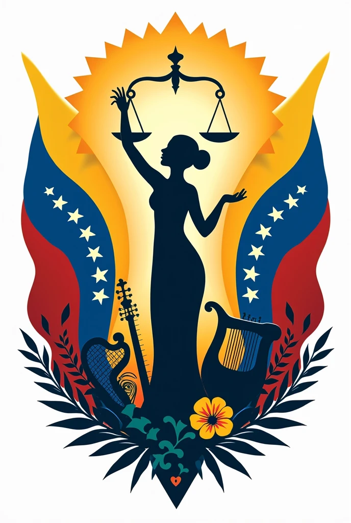 A logo of the Folklorist Lawyers of Venezuela with the flag of Venezuela on both sides, with the harp, four and maracas from Venezuela and the scale of lawyers and a person singing 