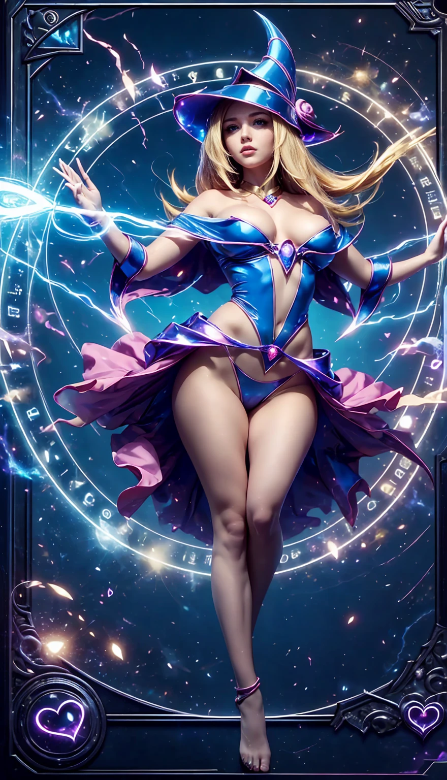 (masterpiece:1.2), (The best quality:1.2), perfect lighting, Dark Magician Girl casting a spell, floating in the air, big big hips, neckline, Magic background. Transparent hearts in the air., blue robe, big hat, from above, shines, Yugioh card in the background that is looking very close to the screen. 