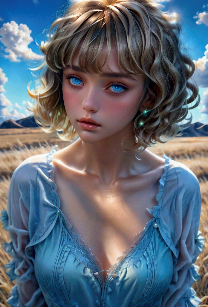 Luxury coat, (real: 1.4), (high quality: 1.0), (morning dew: 1.0), 8K, raw photo, (masterpiece: 0.2), 1 woman, detailed skin, viewer view, blue eyes, (with bangs with bangs Short blonde curly hair: 1.2), (big chest: 1.0), (Big area: 0.8), (Pure face_v1: 0.5), (blue sky on the background, white cloud, green grass, wind),