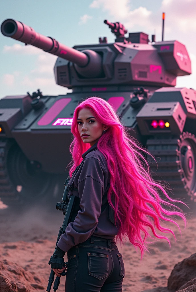 very attractive girl with long bright pink hair,  standing in a post apocalyptic world, nuclear explosion in the background, photo quality