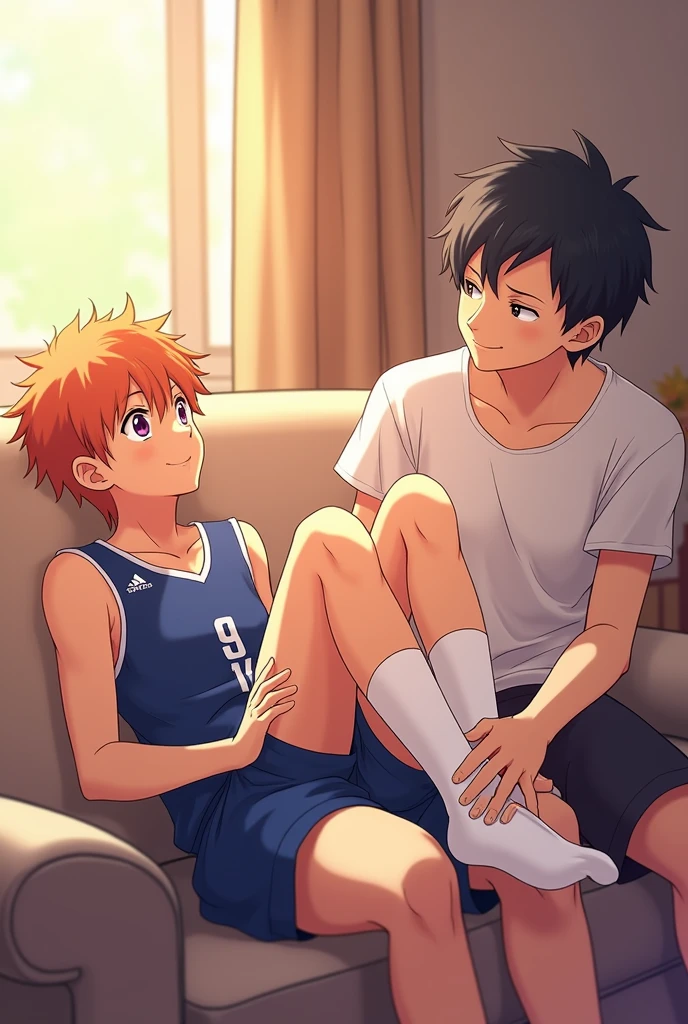 A side view of Kageyama from Haikyuu sitting on a couch, with Shoyo Hinata lying stretched out on the couch, his feet resting on Kageyama's stomach. Kageyama is gently holding Hinata's ankles. Hinata is wearing his Karasuno High School volleyball uniform and white socks that reach his ankles. His eyes, a deep, hypnotic violet, like amethysts, suggest he is under a trance. His gaze is directed towards the ceiling, as if unaware of Kageyama's presence. His signature orange hair is slightly tousled. Kageyama, slightly older, gazes down at Hinata's feet with a knowing smile, as if sharing a secret. The scene is bathed in soft, warm light, creating a peaceful and intimate atmosphere. The artwork should be in the style of the Haikyuu anime, with vibrant colors, dynamic lines, and expressive characters.