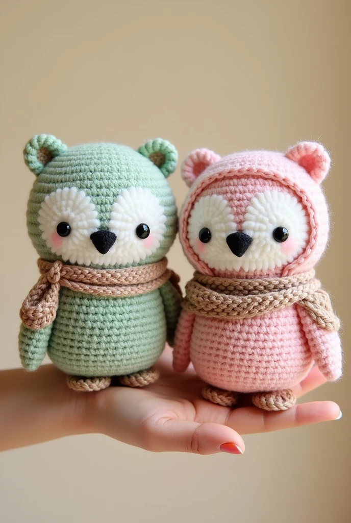 Produk desain,mini plushie, amigurumi , 2 owl , A chubby owl with pastel green color, and a chubby owl with pastel pink color , brand's eyes are made of black amigurumi eyes, and the nose is black, Wearing Crochet Sling bag, wearing hoodie to cover the head, and wearing scarf , kawaii design,Head size is larger than body, Product photo with plushie Standing on the wrist