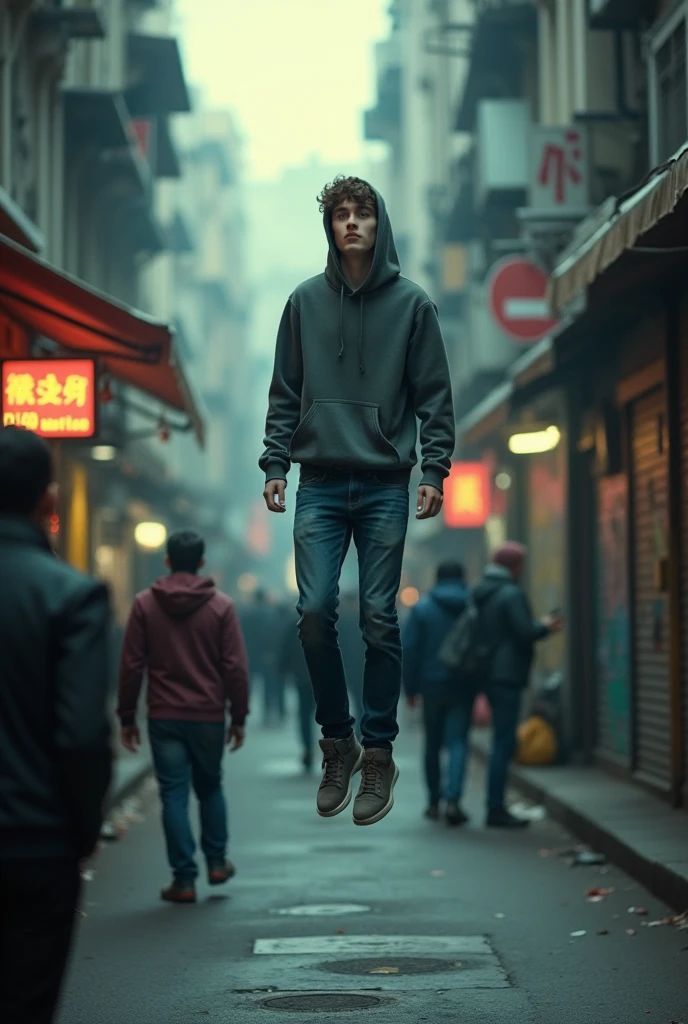 photo of guy relaxed, hovering on the air, in the middle of the street, floating, suspended in the air, using a hoodie, flying, jeans, crowded street, alley, lots of people, dramatic lighting, 90s look, vhs style, dark fantasy, graffiti, VHS-style, film super 8, cinematic lighting, g0s1, 90s flash photo, analogue photo, 70s_Photo, Sheetghost person