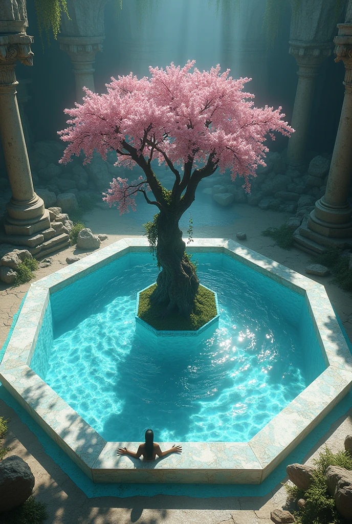 Huge swimming pool made of shiny diamond in octagonal shape, in the center of it a sacred tree with pink flowers and long branches that touch the water of the pool.
This basin is located inside a huge cave surrounded by ruins..
In this pool a reptilian bathes