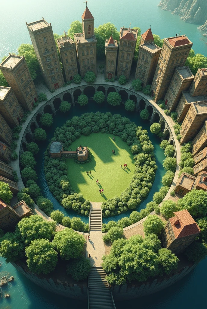 a circle like the world, around there are only buildings and houses and in the middle there is a lot of vegetation, naturey, Riu, people
