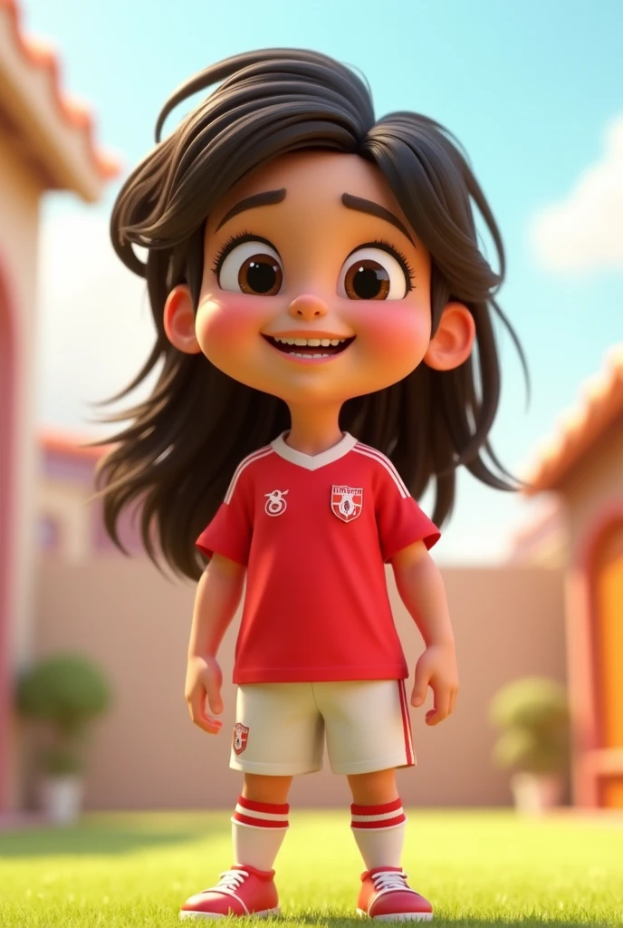  male child with masculine appearance with long hair down to the middle of his back, with big eyes and big mouth , wearing red soccer jersey and white pants with red stripes pixar style 3D.