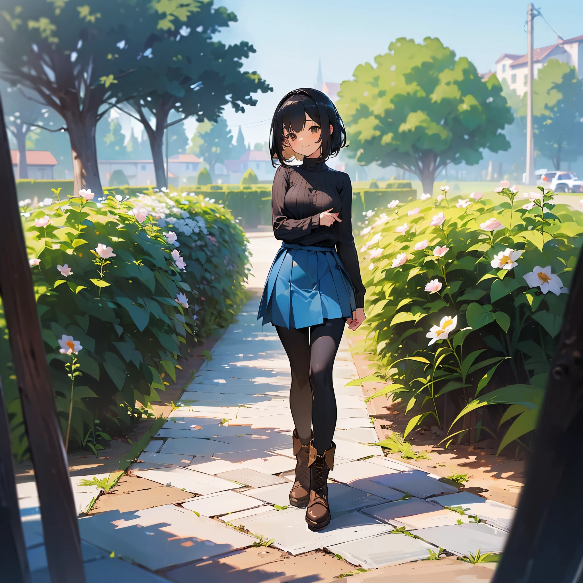 (high quality, High resolution, Very detailed, reality:1.37), Peaceful atmosphere, (Outdoor, garden), Teenage girl standing alone, (my breasts are big.), Beautiful details, Cute Smile, (Black bob hair), Ribbed sweater, Blue Skirt, Black tights, Brown boots.