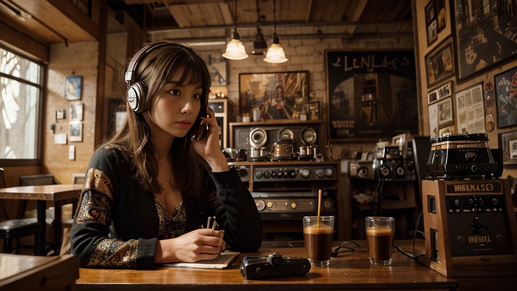 (longshot), wideshot, (film noise), old cartoon, (lots of records:1.3), coffee shop, (masterpiece, highest quality, highest quality, official art, beautiful and aesthetic: 1.2), (woman listening to music with 1 headphones), very detailed, (fractal art: 1.4), supreme detail, coffee makers, (notes: 1.4), ( lo-fi hip-hop), face close up, anime texture, solo, picture of coffee shop