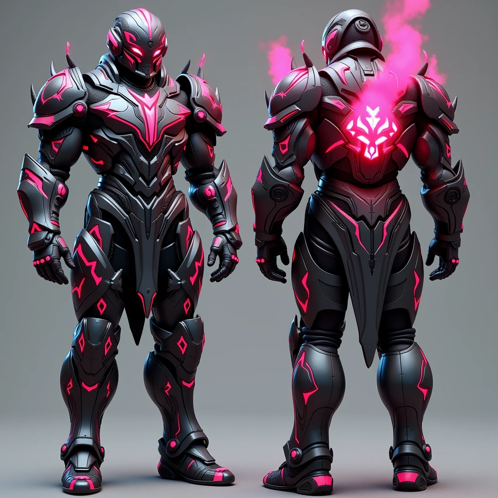 A heavily reinforced suit of battle armor designed to channel and enhance wielder's Hell Fire magic. The armor has built-in flame projectors and a heat shield, allowing him to unleash torrents of infernal fire while remaining protected from counterattacks. The armor glows with an ominous red light when fully activated, symbolizing his mastery over Hell Fire. Matte black with pink accents. 3D Rendering, Super Detailed, Textured Skin, High Resolution, High Quality,